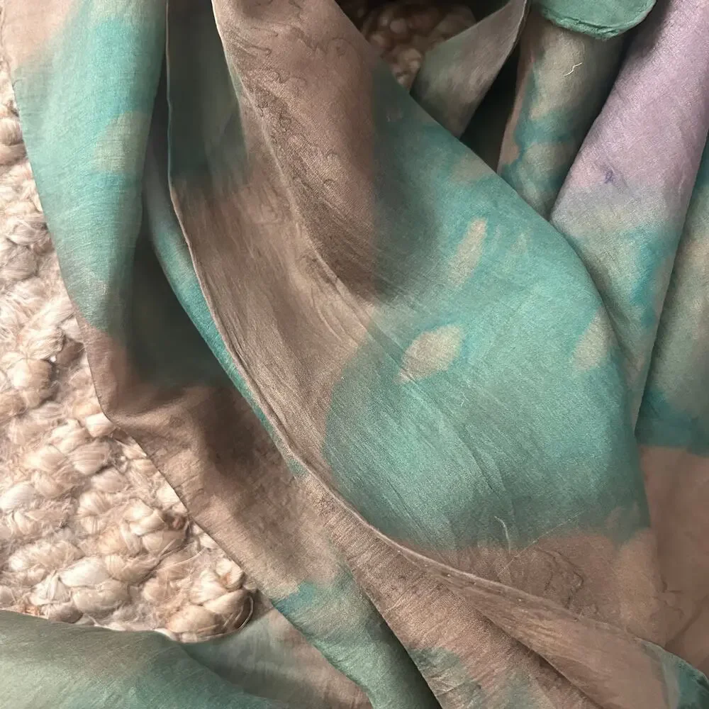 100% Silk Hand Rolled Square Scarf Green Taupe Abstract Watercolor 30x30
